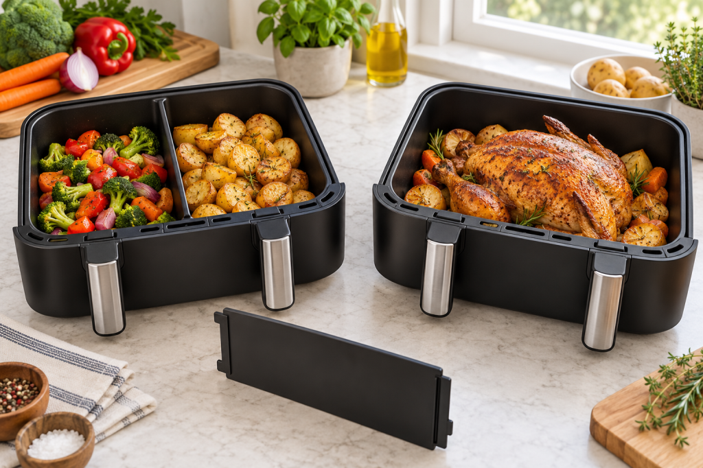 Freidora de aire con cesta convertible, separador extraíble y alimentos preparados en dos o una zona.