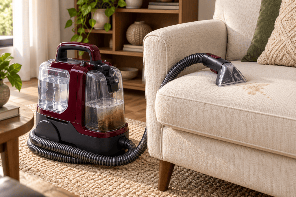 Limpiadora portátil de inyección-extracción junto a un sillón de tela claro en un salón.