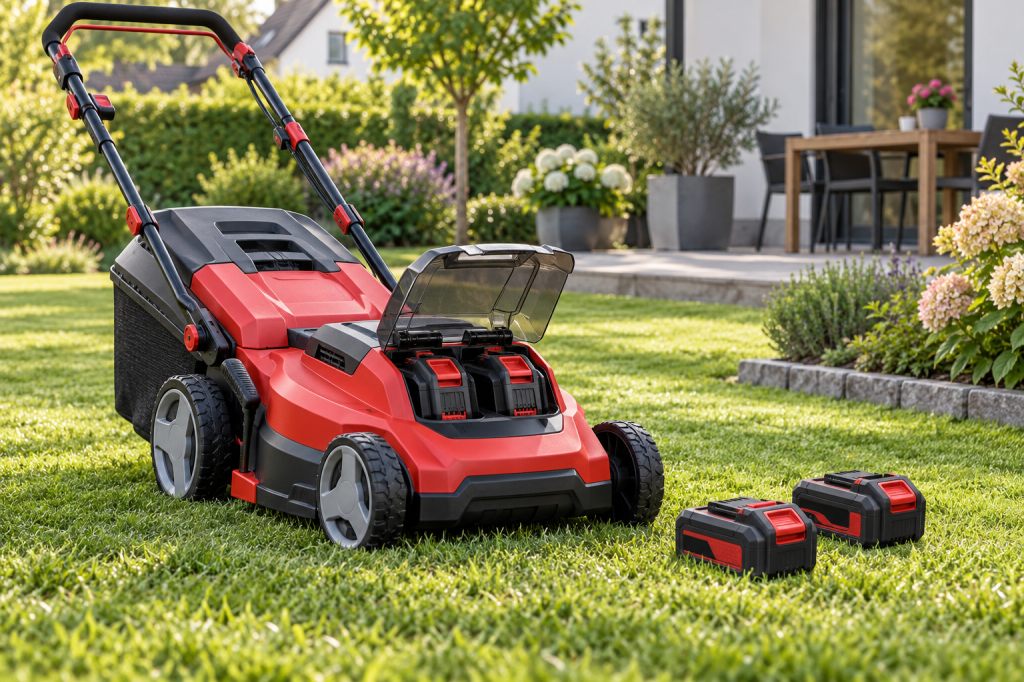 Cortacésped a batería rojo y negro con sus dos baterías Power X-Change en un jardín