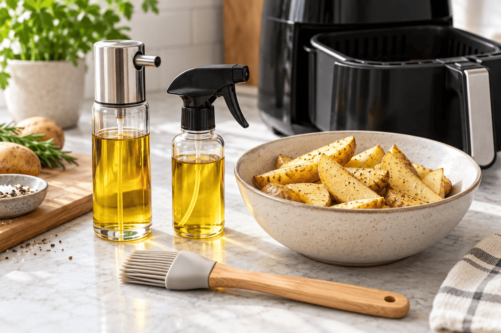 Dos pulverizadores rellenables de aceite junto a patatas cortadas y una freidora de aire