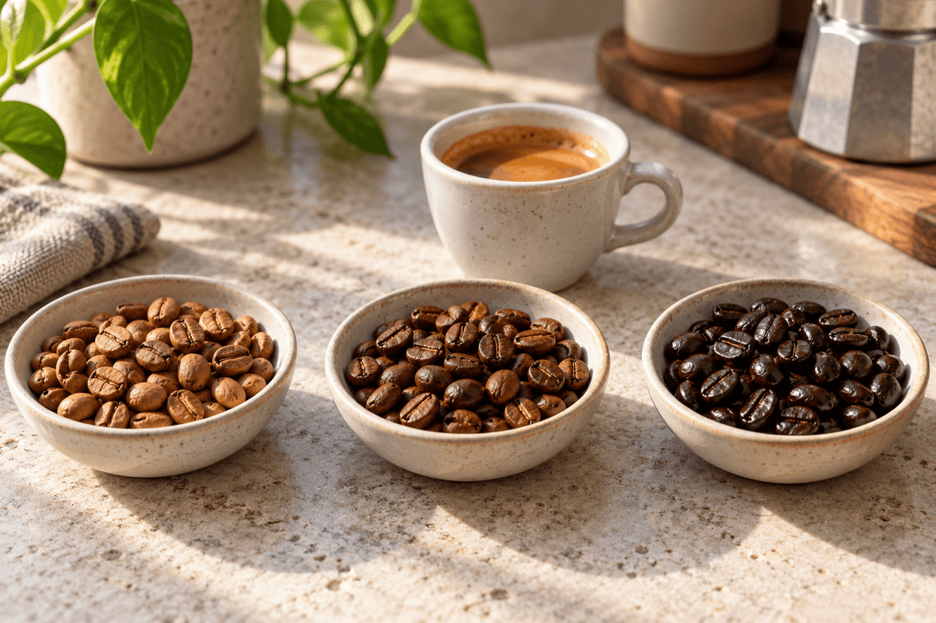 Tres cuencos muestran granos de café de tueste claro, medio y oscuro junto a una taza de espresso