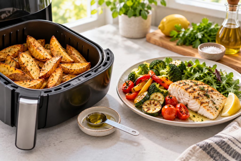 Patatas doradas en una freidora de aire junto a pescado y verduras asadas
