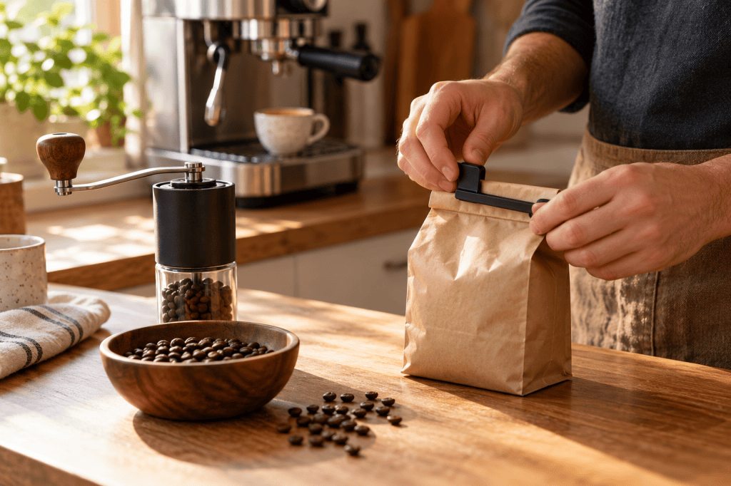 Una persona cierra una bolsa de café en grano junto a un molinillo y una cafetera espresso