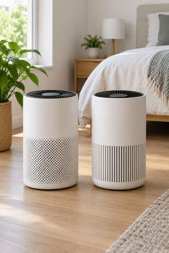 Dos purificadores de aire cilíndricos compactos de tamaño parecido en un dormitorio