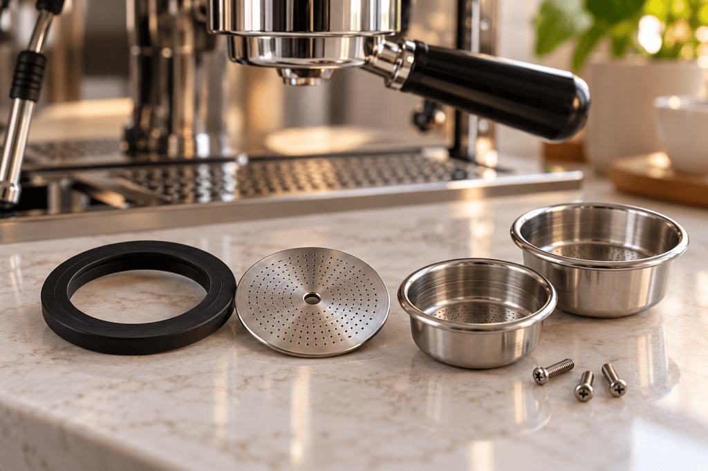 Junta de grupo, pantalla de ducha, cestas y tornillos de recambio para cafetera espresso