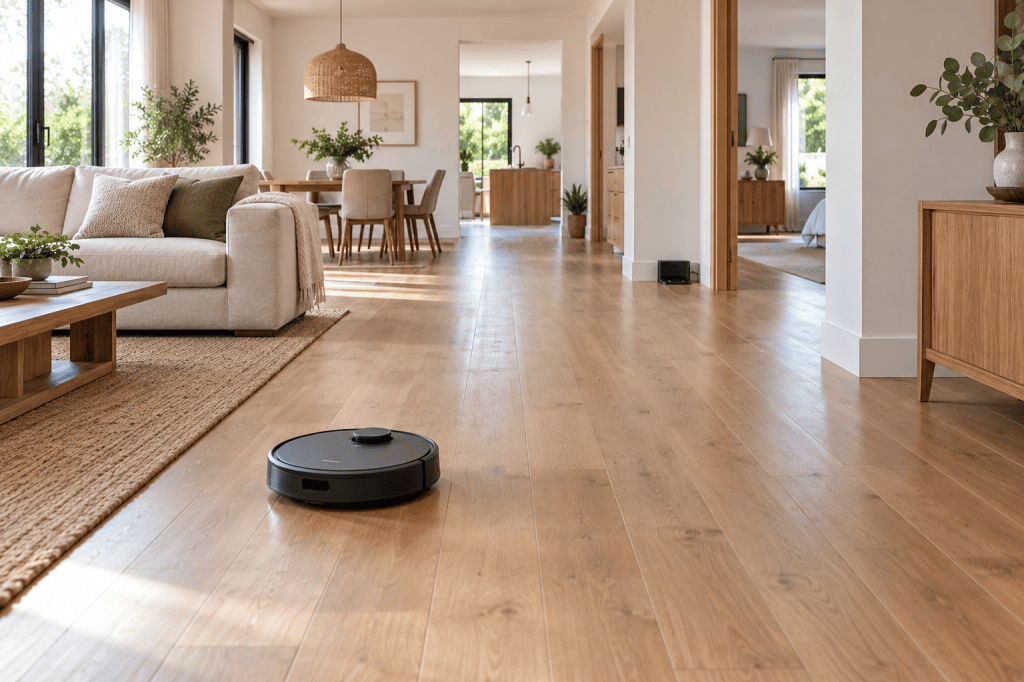 Robot aspirador recorre el suelo de madera en una casa amplia con varias estancias
