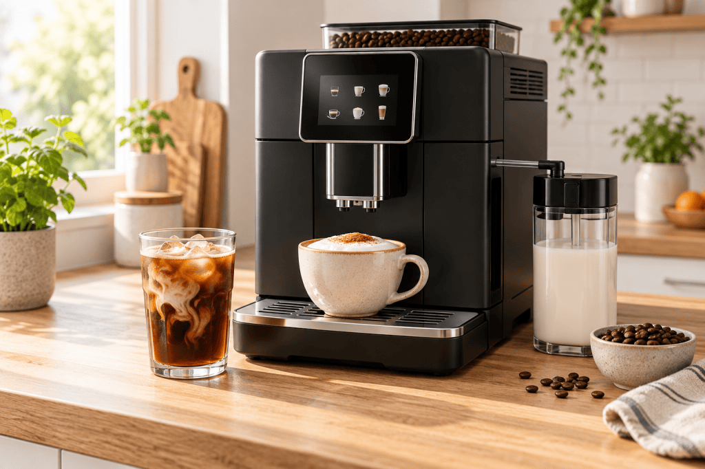 Cafetera superautomática junto a una taza de cappuccino y un vaso de café frío
