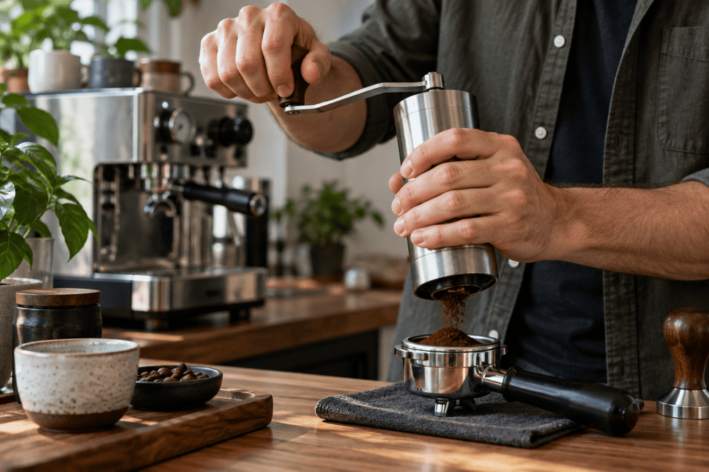 Persona moliendo café a mano sobre un portafiltro con una cafetera espresso al fondo