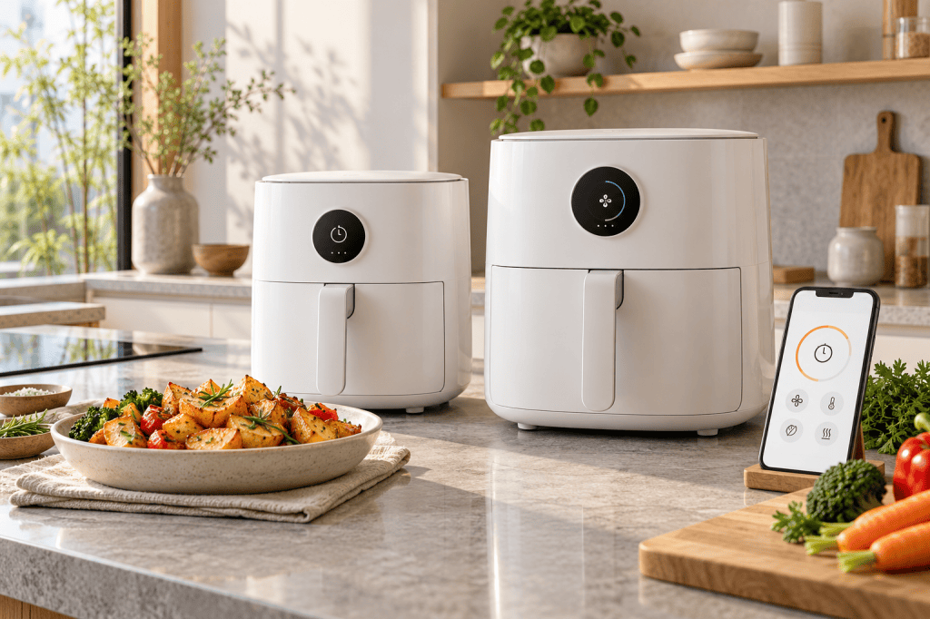 Freidoras Xiaomi de dos tamaños y un teléfono con una aplicación de control en una cocina.