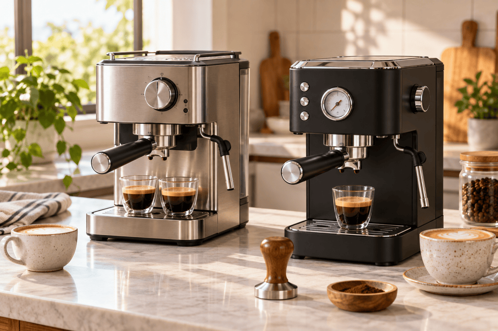 Dos cafeteras espresso manuales compactas sobre una encimera de cocina