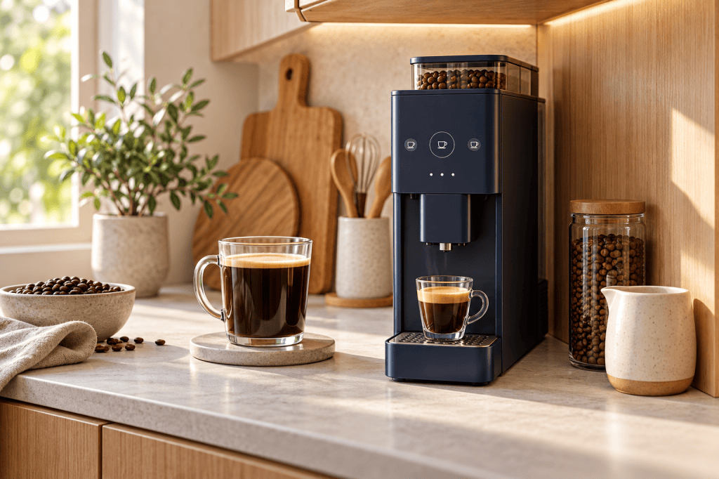 Cafetera superautomática compacta con una taza de espresso y otra de café largo