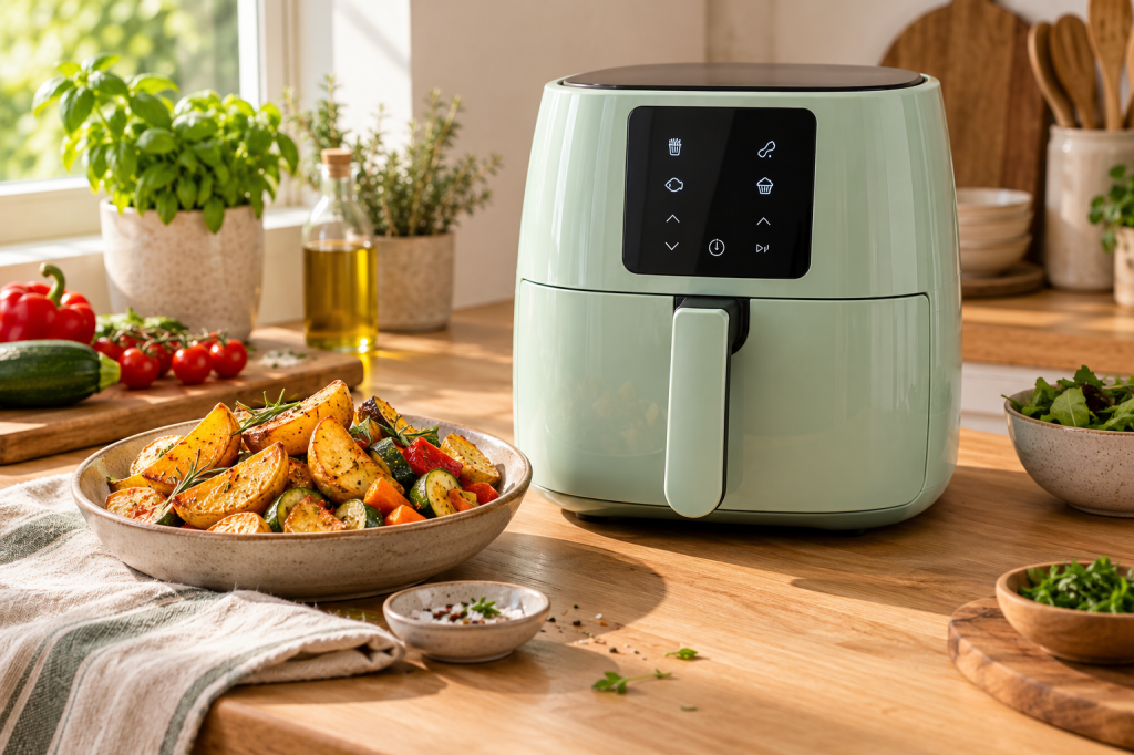 Freidora de aire digital verde menta con una cesta de verduras asadas en una cocina.