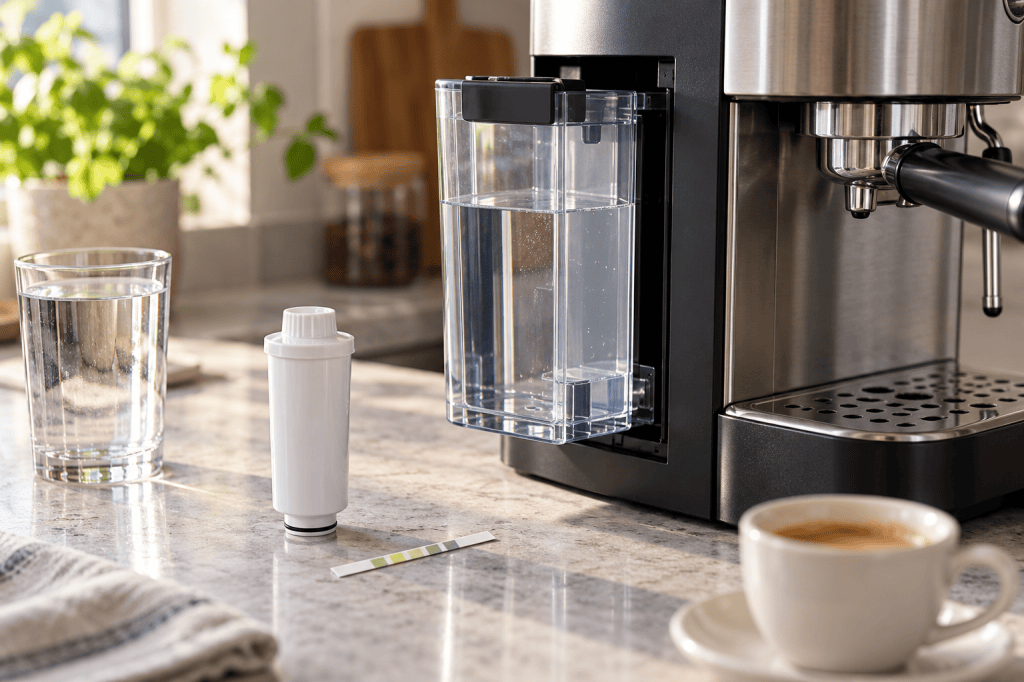 Filtro de agua para depósito y tira para comprobar dureza junto a una cafetera espresso