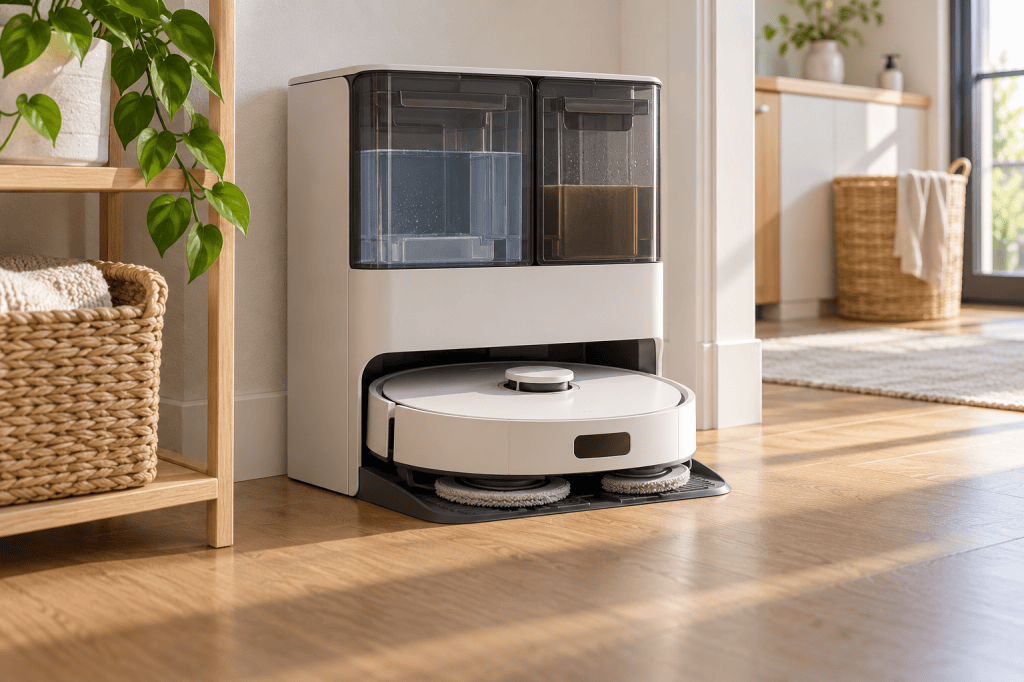 Robot aspirador con mopas giratorias acoplado a una base con depósitos de agua