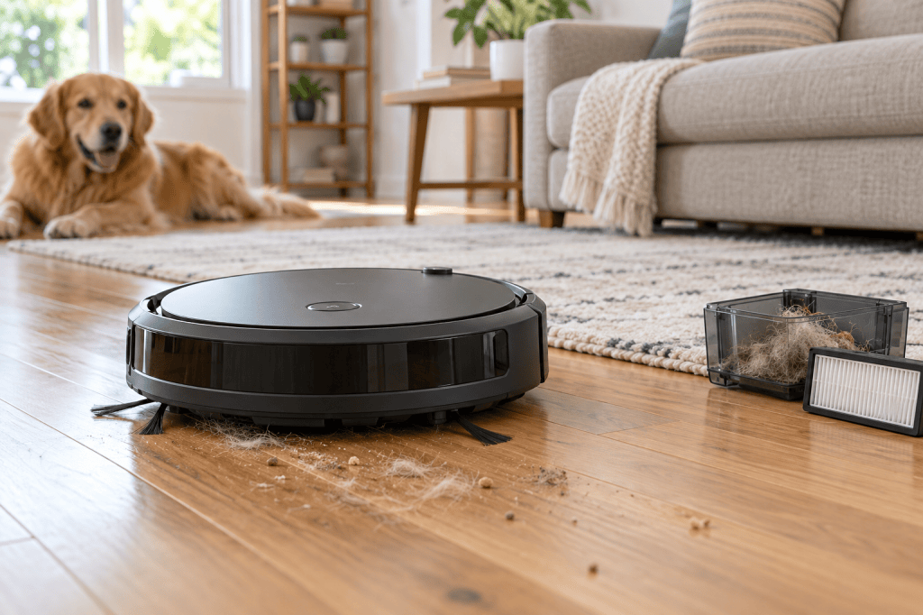 Robot aspirador recogiendo polvo y pelo junto a una alfombra en un salón