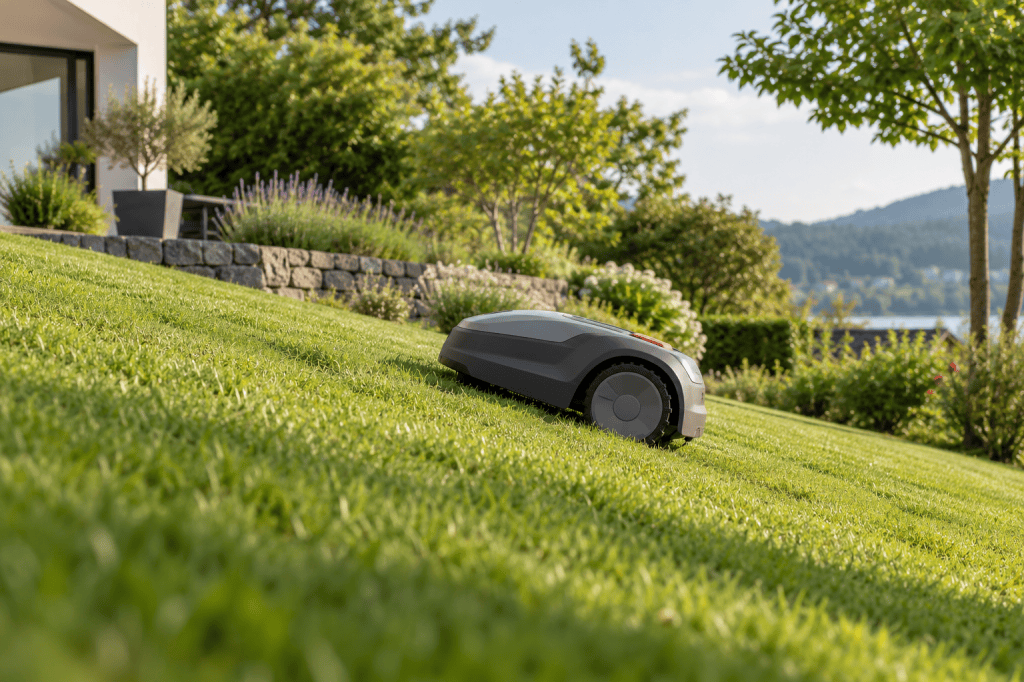 Robot cortacésped autónomo sube una pendiente moderada de césped en un jardín residencial