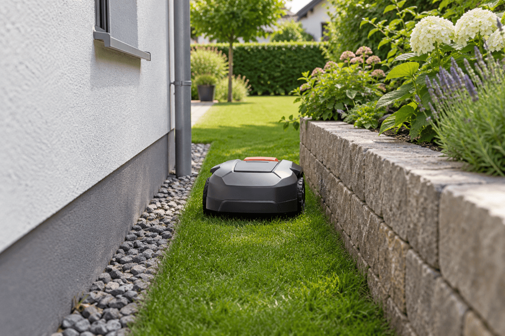 Robot cortacésped atraviesa un pasillo estrecho de césped que conecta dos zonas de jardín