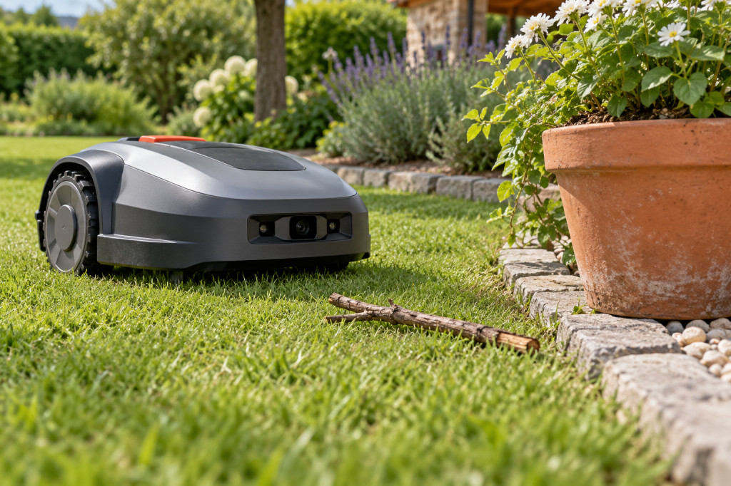 Robot cortacésped con sensor frontal se aproxima a una rama y una maceta junto al césped