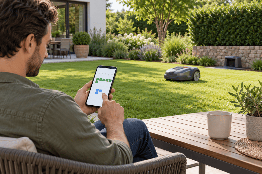 Persona consulta una app de horarios en su teléfono mientras un robot cortacésped carga en el jardín