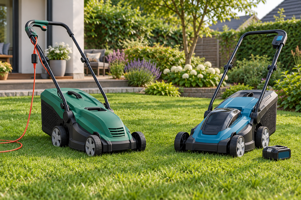 Cortacésped eléctrico verde con cable junto a un cortacésped de batería azul con batería extraíble en un jardín
