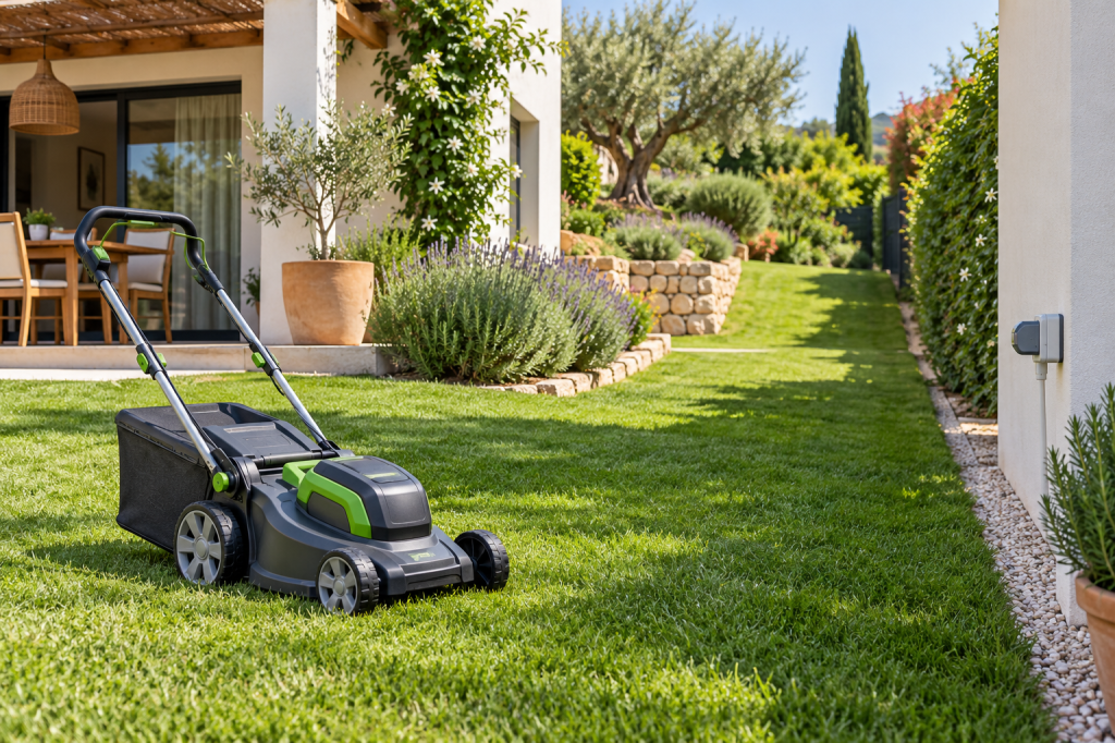Cortacésped de batería en la parte llana de un jardín con una pendiente al fondo