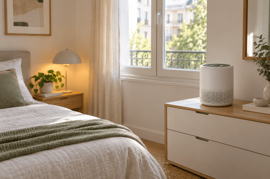 Purificador compacto sobre una cómoda en un dormitorio pequeño