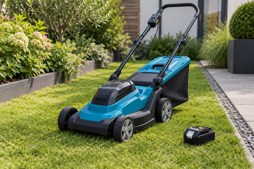 Cortacésped compacto azul y negro con una batería de 18 V junto a un césped urbano