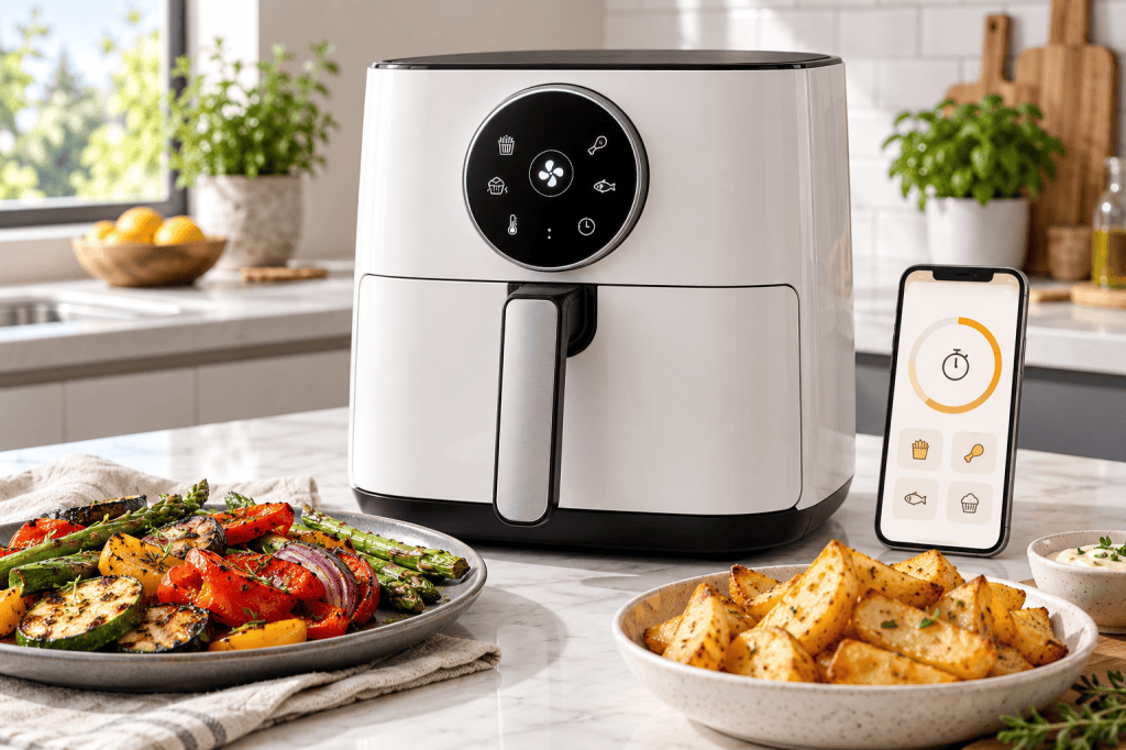 Freidora de aire Xiaomi de una cesta con pantalla circular y móvil junto a verduras asadas