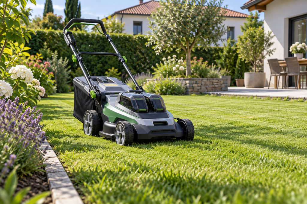 Cortacésped inalámbrico de dos baterías corta una zona abierta de césped en un jardín residencial