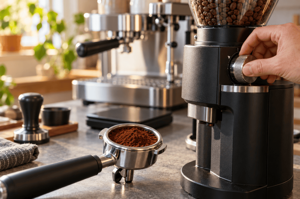 Una mano ajusta el dial de un molinillo espresso junto a un portafiltro lleno de café molido