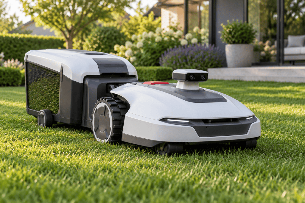Robot cortacésped blanco con sensor superior y accesorio de recogida en un jardín