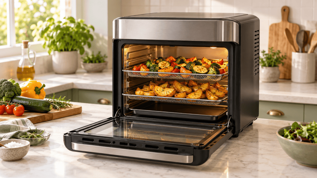 Freidora de aire tipo horno de sobremesa con puerta abierta y bandejas con alimentos.