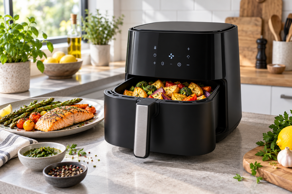 Freidora de aire Philips de una sola cesta con verduras asadas y salmón servido al lado