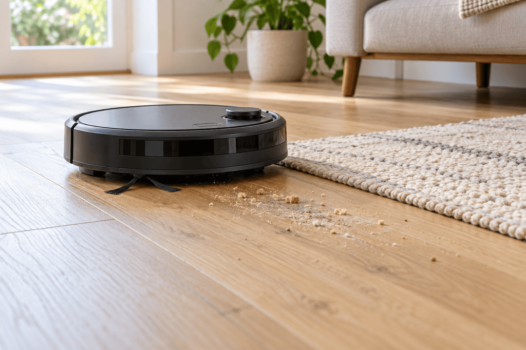 Robot aspirador recogiendo migas de un suelo de madera junto a una alfombra