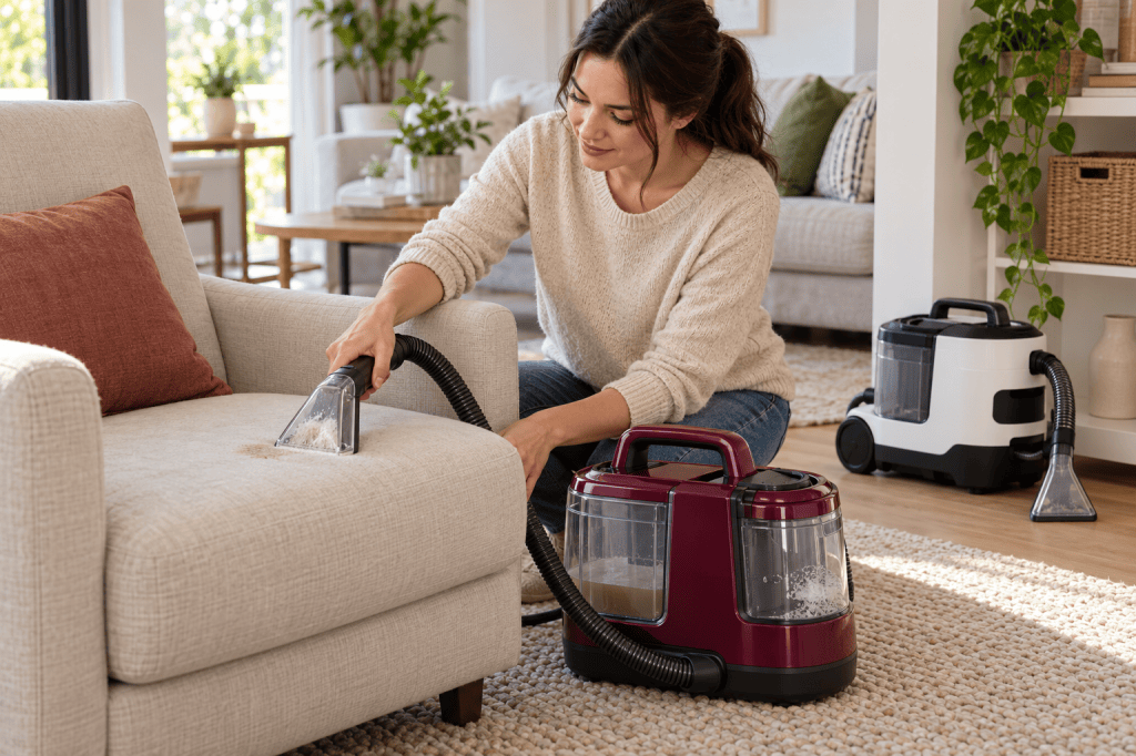 Una mujer limpia una mancha de un sofá claro con una máquina portátil de tapicerías mientras otra lava-aspiradora compacta aparece al fondo del salón.