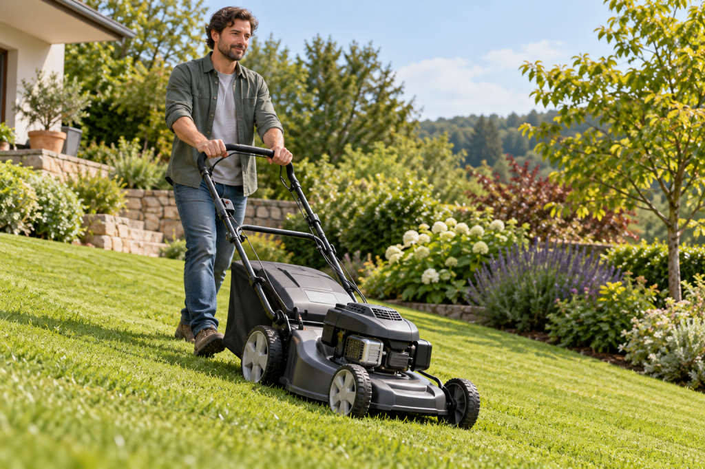 Jardinero guía un cortacésped autopropulsado por una pendiente suave