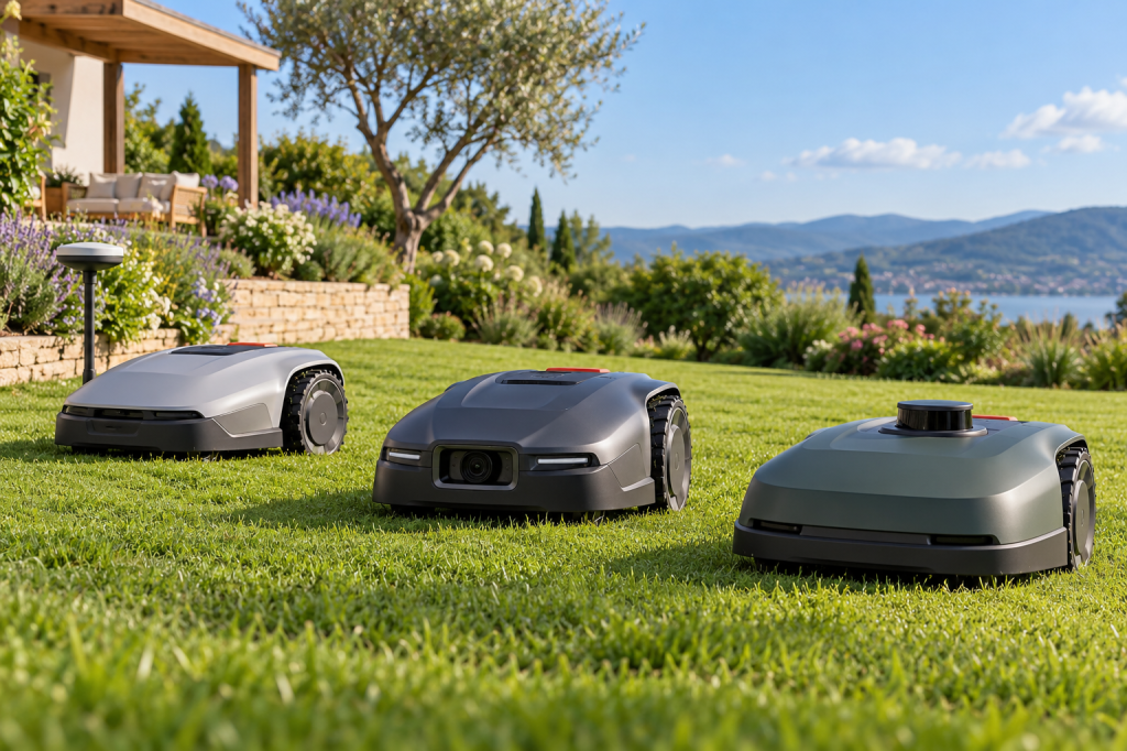 Tres robots cortacésped muestran distintas configuraciones de antena, cámara frontal y sensor LiDAR en un jardín