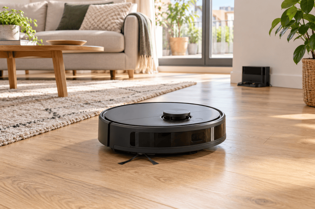 Robot aspirador con sensor de navegación y cepillo lateral en un salón luminoso