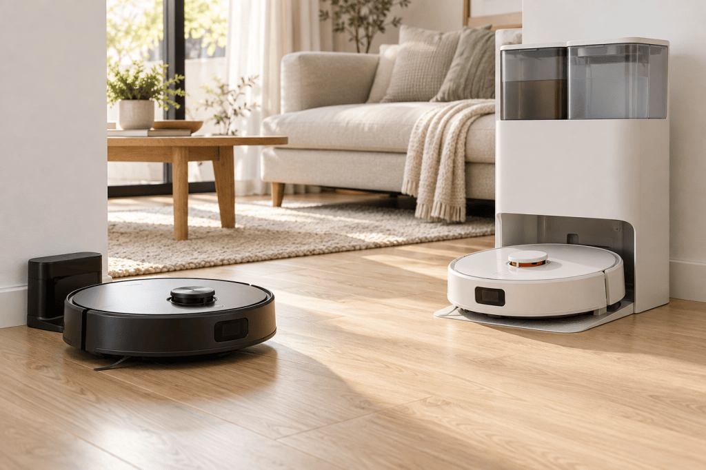 Dos robots aspiradores de distintas generaciones en una sala luminosa: uno junto a su cargador y otro frente a una estación multifunción.