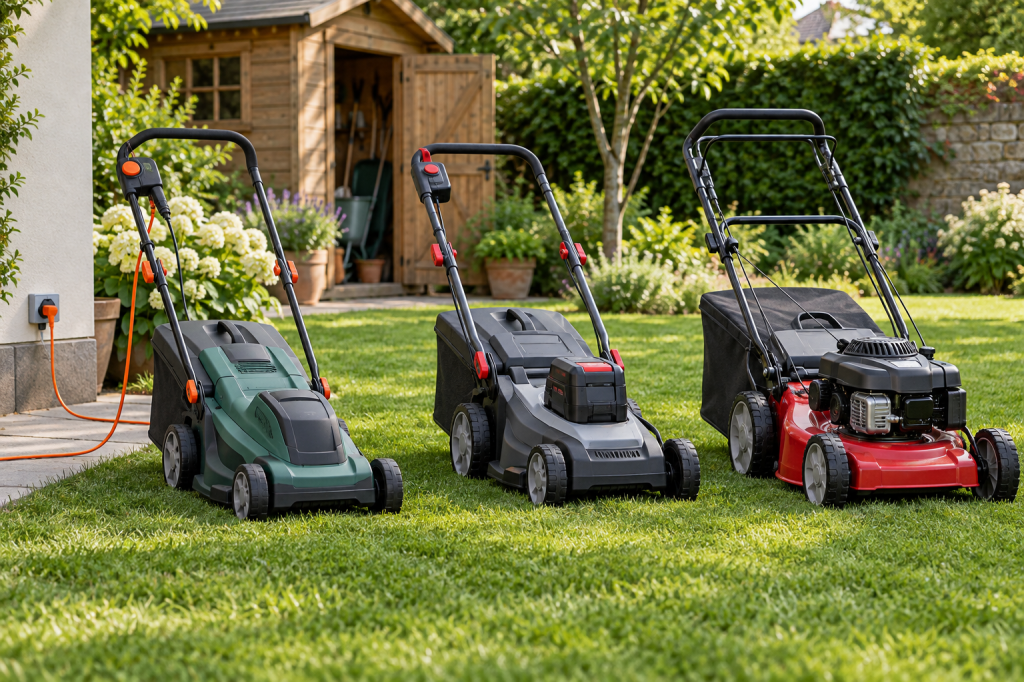 Cortacésped eléctrico con cable, de batería y de gasolina junto a un jardín