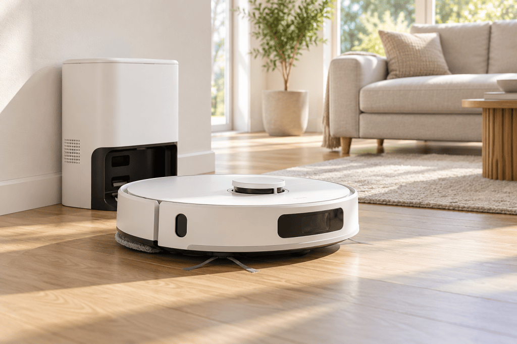 Robot aspirador blanco con mopa plana delante de una base de autovaciado en un salón luminoso.
