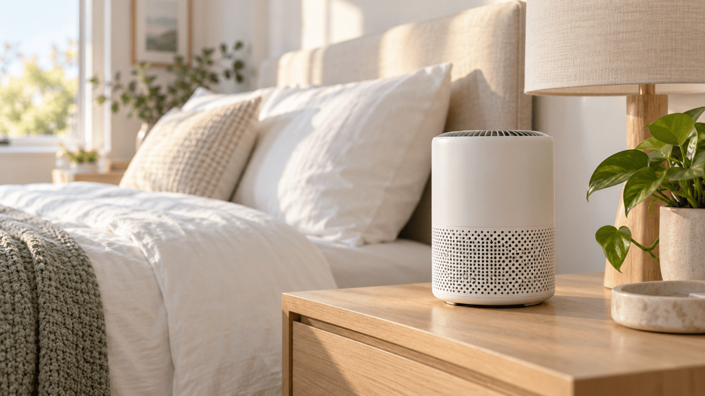 Purificador de aire compacto sobre una mesilla en un dormitorio luminoso