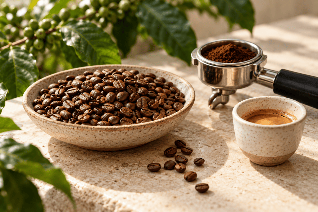 Café en grano y una taza de espresso junto a hojas verdes y un portafiltro