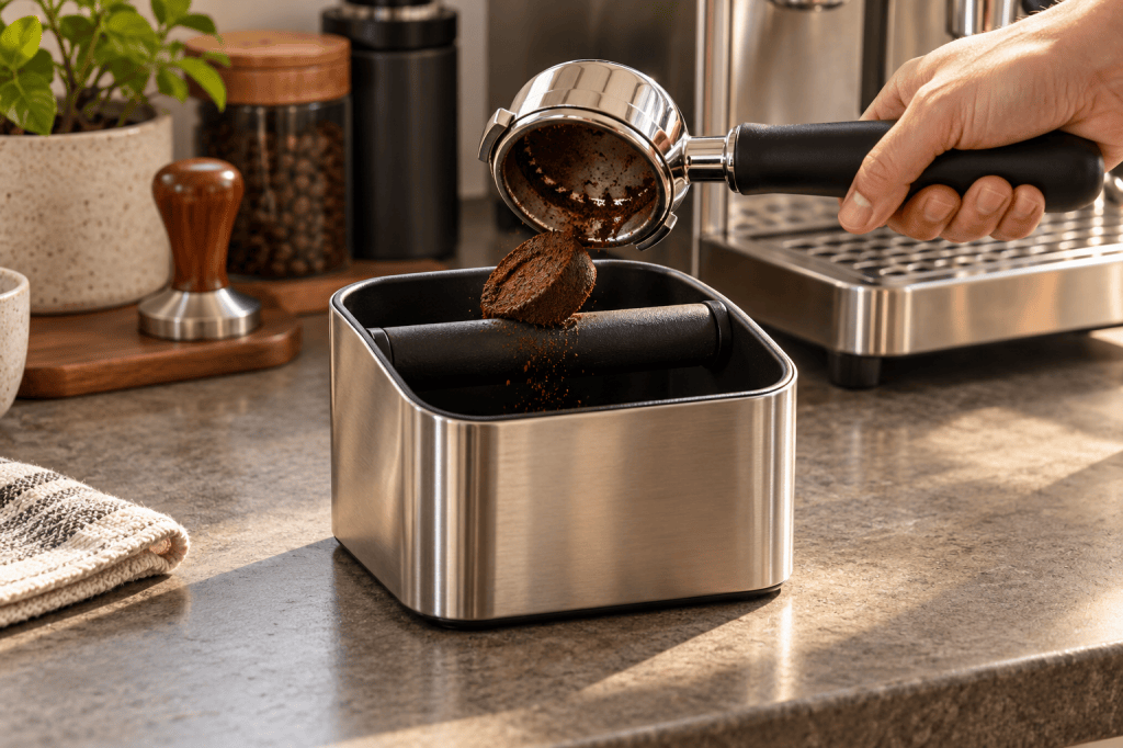 Portafiltro descargando el café usado en una caja golpeadora compacta de acero