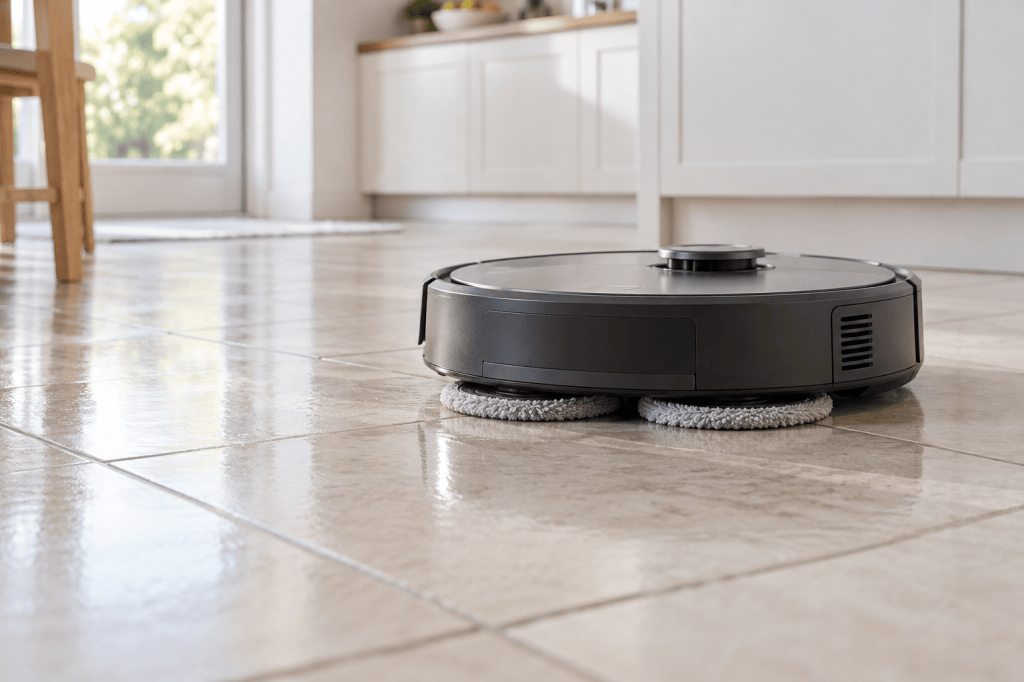 Robot aspirador con dos mopas redondas limpiando un suelo de baldosa