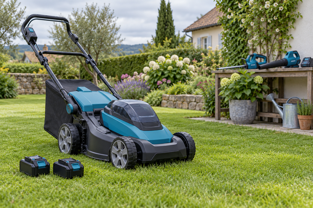 Cortacésped azul y negro con baterías recargables visibles en un jardín