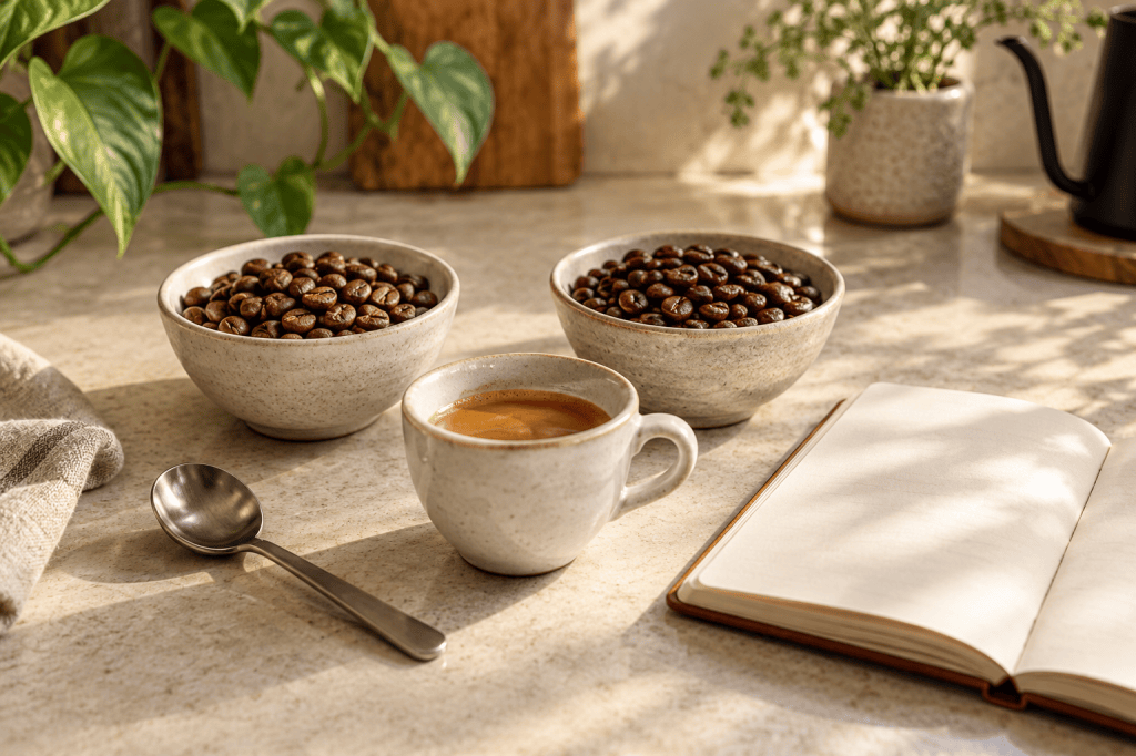 Dos cuencos de café en grano y una taza de espresso junto a un cuaderno de cata en blanco