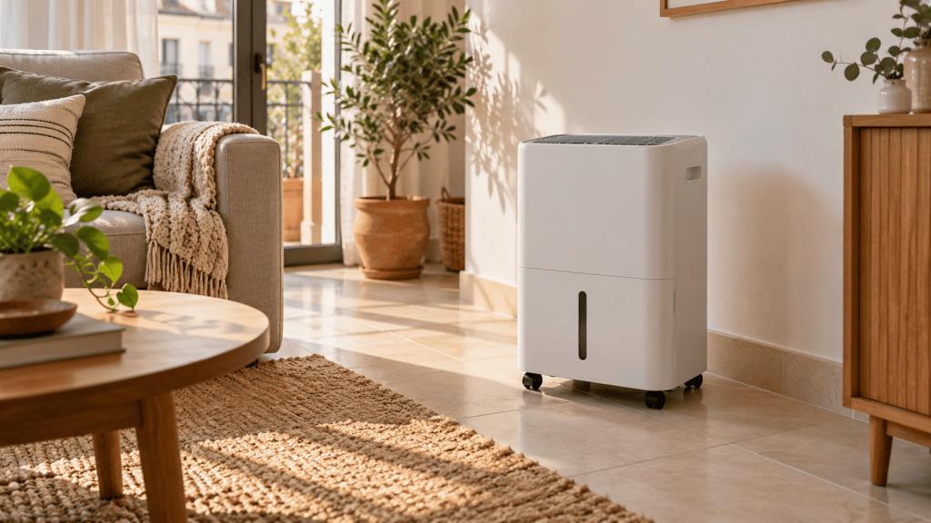 Deshumidificador compacto con ruedas colocado con espacio alrededor en un salón