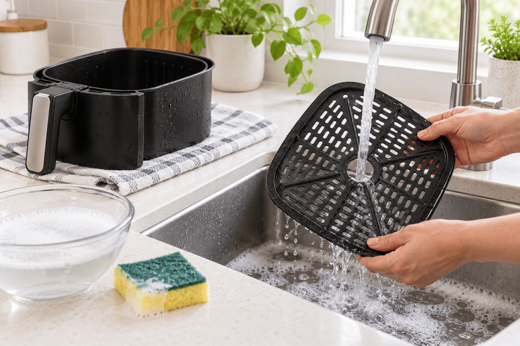 Rejilla extraíble de una freidora de aire bajo el grifo junto a la cesta y una esponja suave