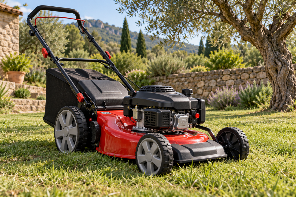 Cortacésped rojo y negro de gasolina con ruedas grandes y recogedor en un jardín